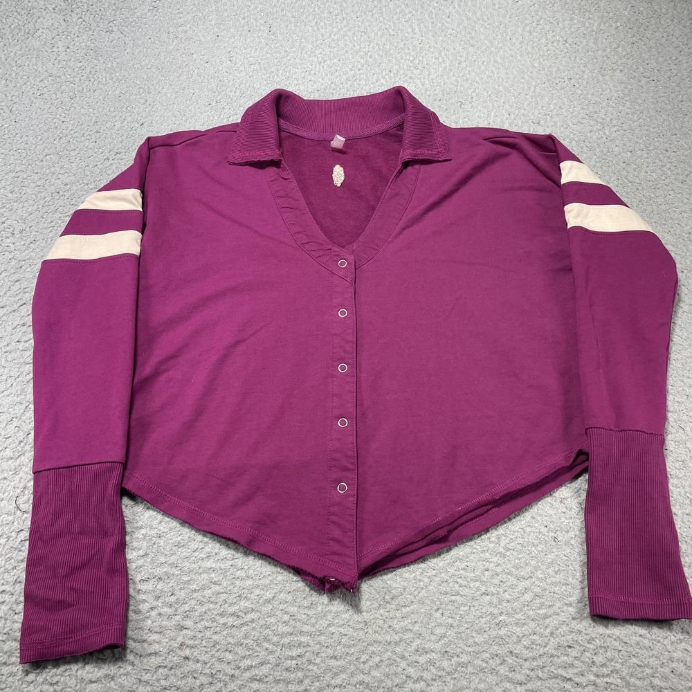 Free People Magenta Button-Front Long Sleeve Top with Cream Stripes